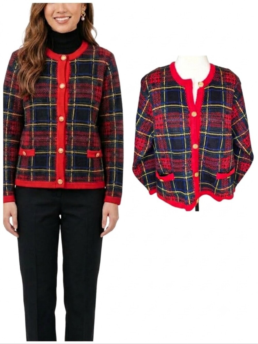 Vintage Westbound Red and Black Plaid Knit Sweater Gold Buttons Women's Large